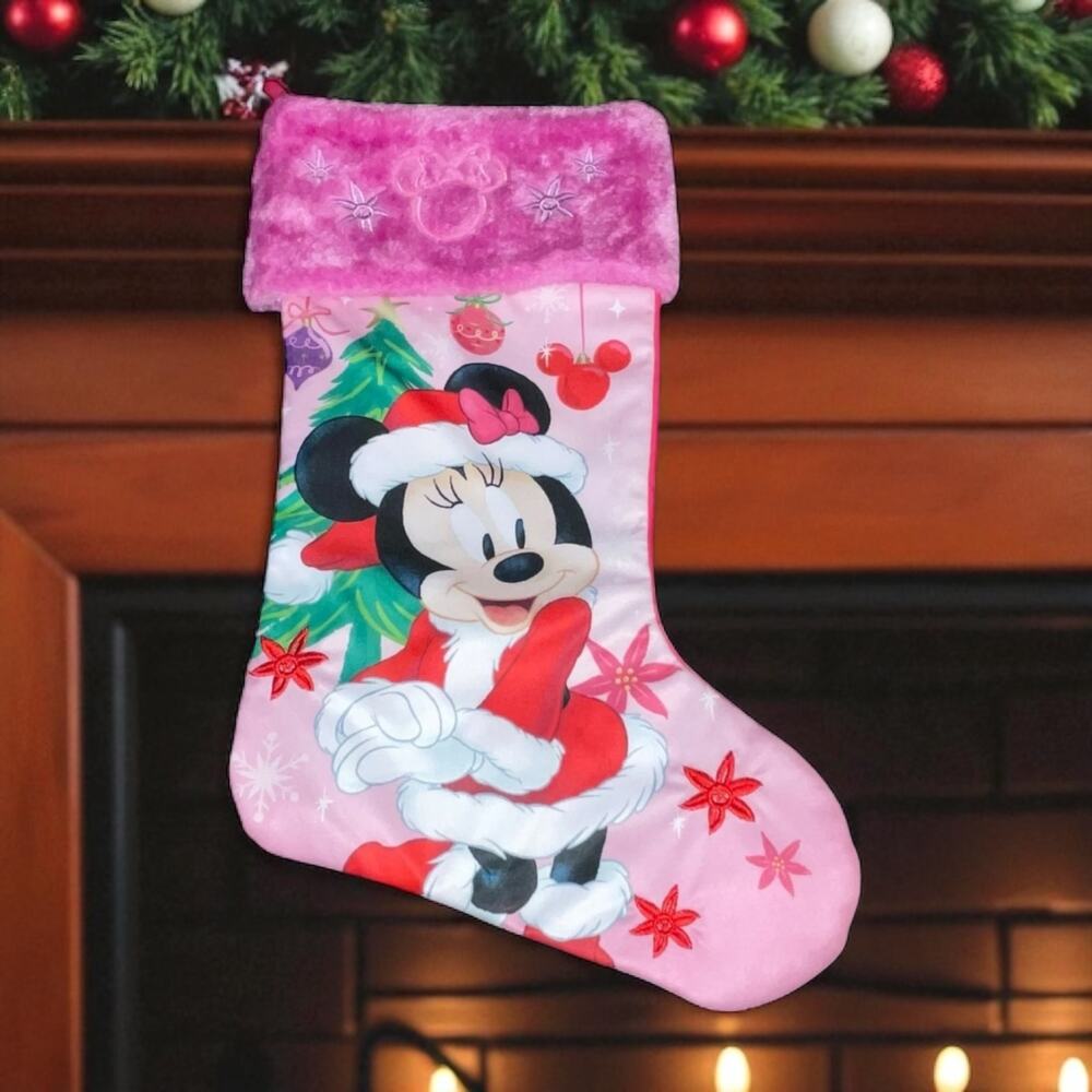 Disney Minnie Mouse Holiday Stocking Santa Dress Pink White Satin Bow Tree Decor